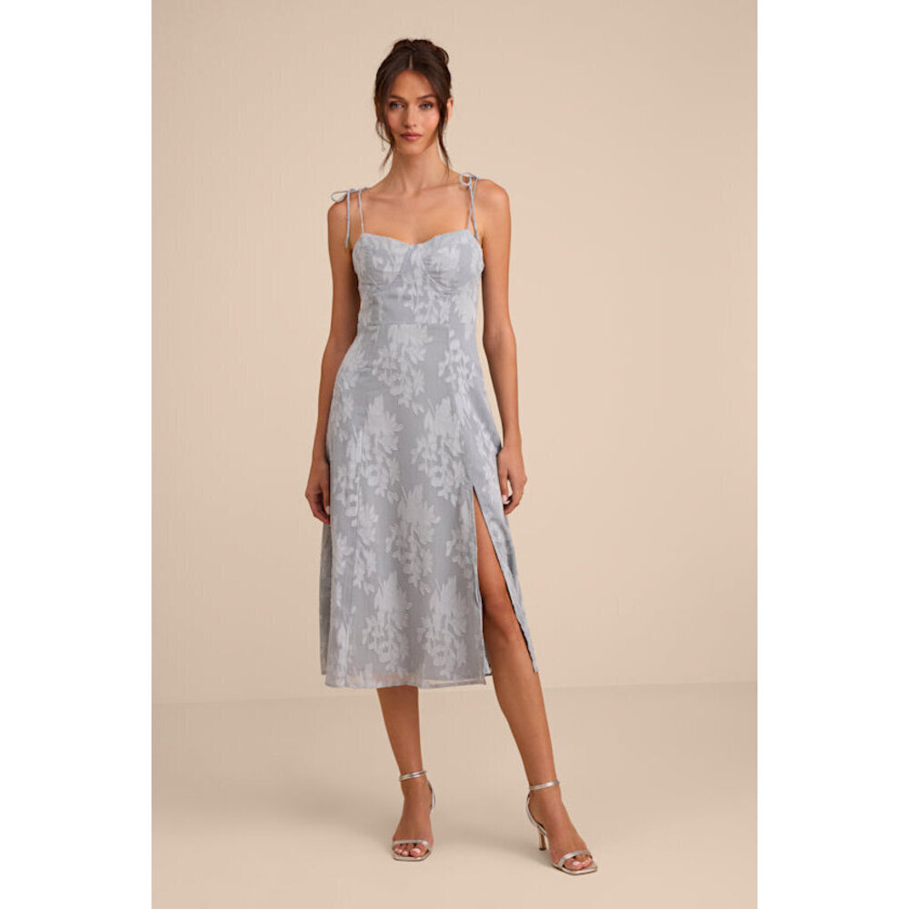 BRAND NEW Lulus Loveliest Looks Blue Floral Jacquard Tie-strap Midi Dress - XS